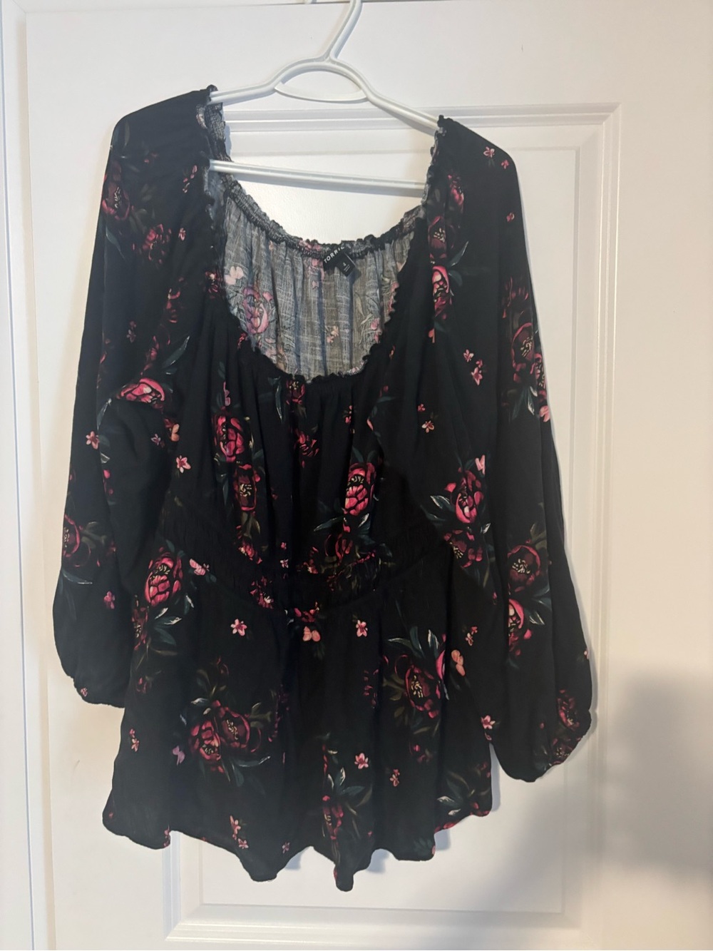 Black Floral Peasant Tunic with Pink Rose Accents